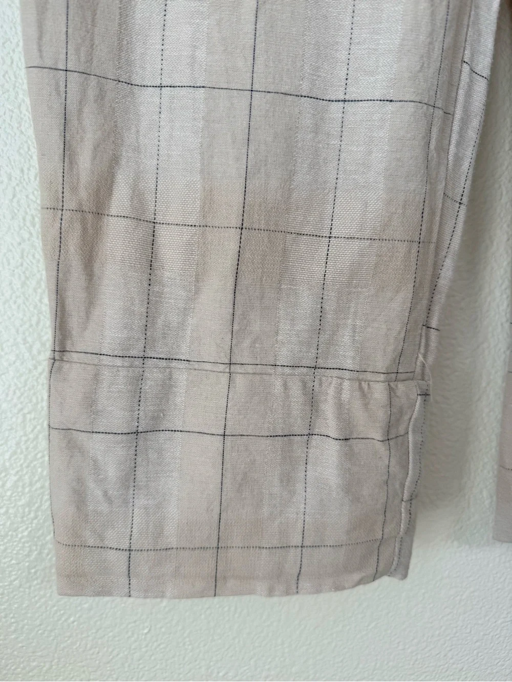 Zara Plaid Window Pain Cropped Cotton Linen Blend Pants-Cream Navy-Size Small